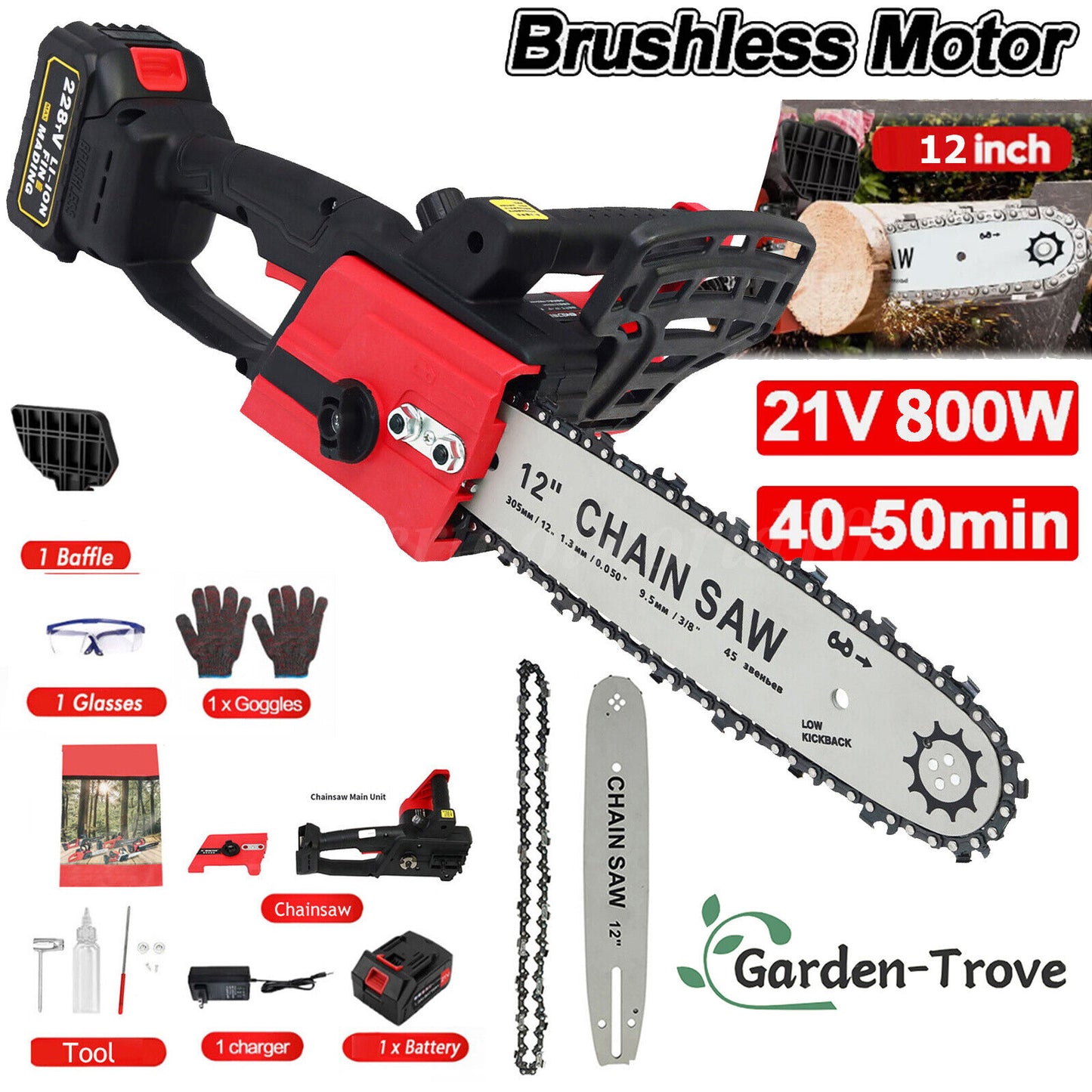 42V Electric Cordless Chain Saw 1800W Handheld Chainsaw 1/2 Battery Powered 16in