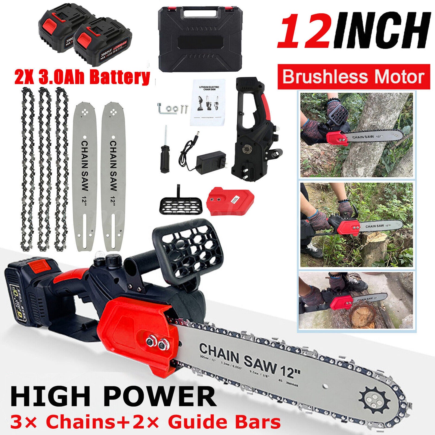 42V Electric Cordless Chain Saw 1800W Handheld Chainsaw 1/2 Battery Powered 16in