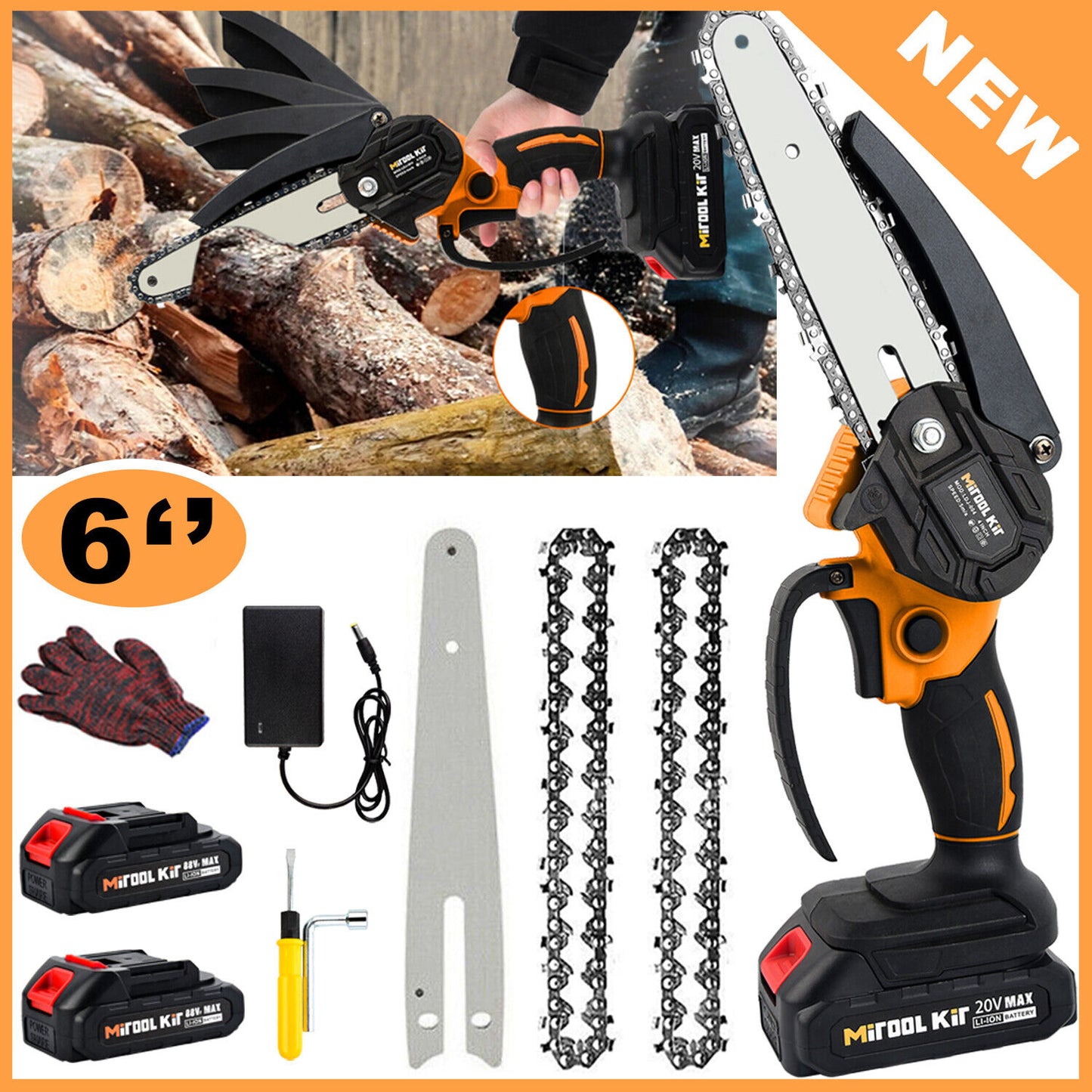 6inch Electric Mini Chainsaw 20V Handheld Cordless Wood Cutter W/Battery 2 Chain