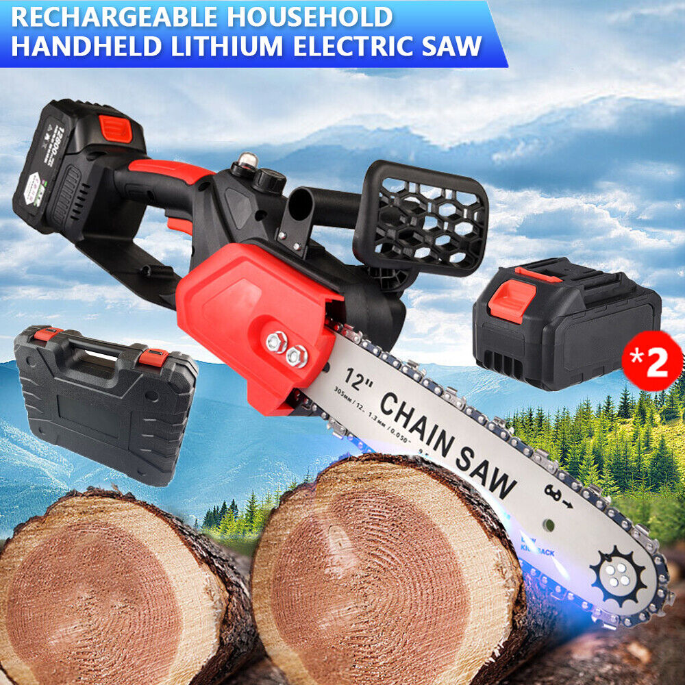 12" Electric Chainsaw Cordless Handheld Chain Saw Chain 2 Battery for Cut Wood