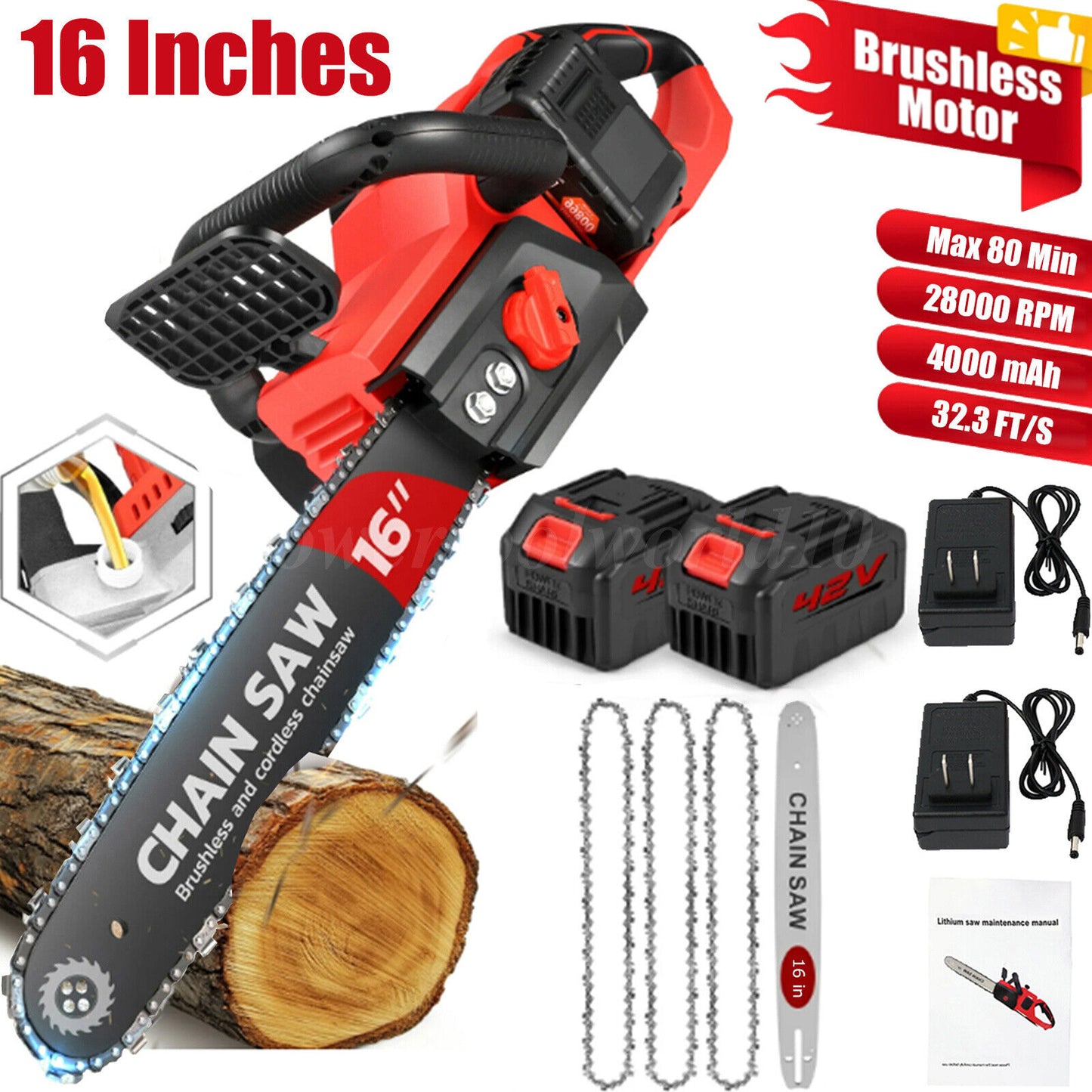 42V Electric Cordless Chain Saw 1800W Handheld Chainsaw 1/2 Battery Powered 16in