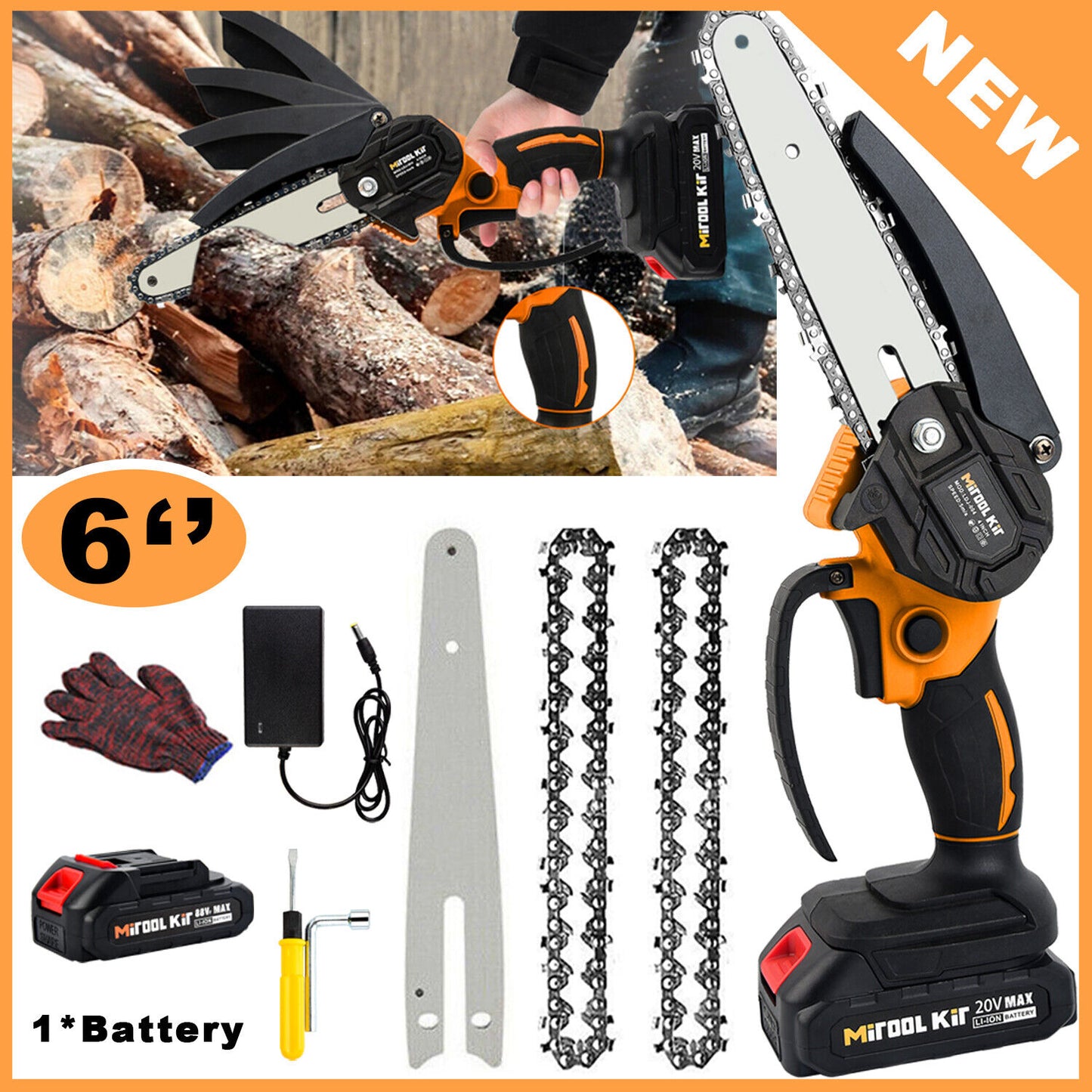 6inch Electric Mini Chainsaw 20V Handheld Cordless Wood Cutter W/Battery 2 Chain