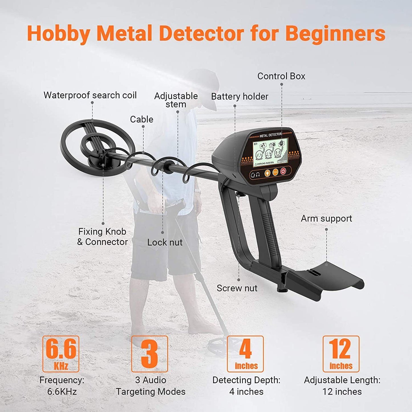 Metal Detector, 3 Modes Adjustable Waterproof Detectors (24"-45") with Larger Ba